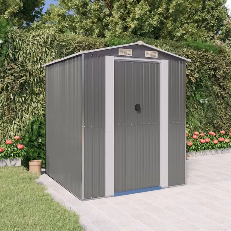 Capanno da giardino vidaXL in acciaio zincato grigio chiaro con tetto a capanna e porta scorrevole L/P/H: 192 x 191 x 223 cm