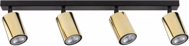 Plafoniera moderna a barra Sigma Lighting in metallo nero e oro con 4 spot GU10 regolabili e dimmerabili