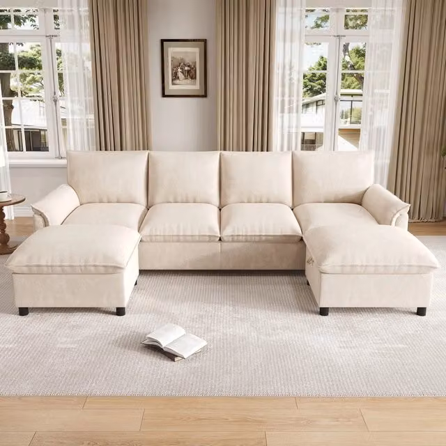Divano angolare modulare ¨C Minimal ¨C Beige velluto con poggiapiedi 264.5x142.5x84 cm