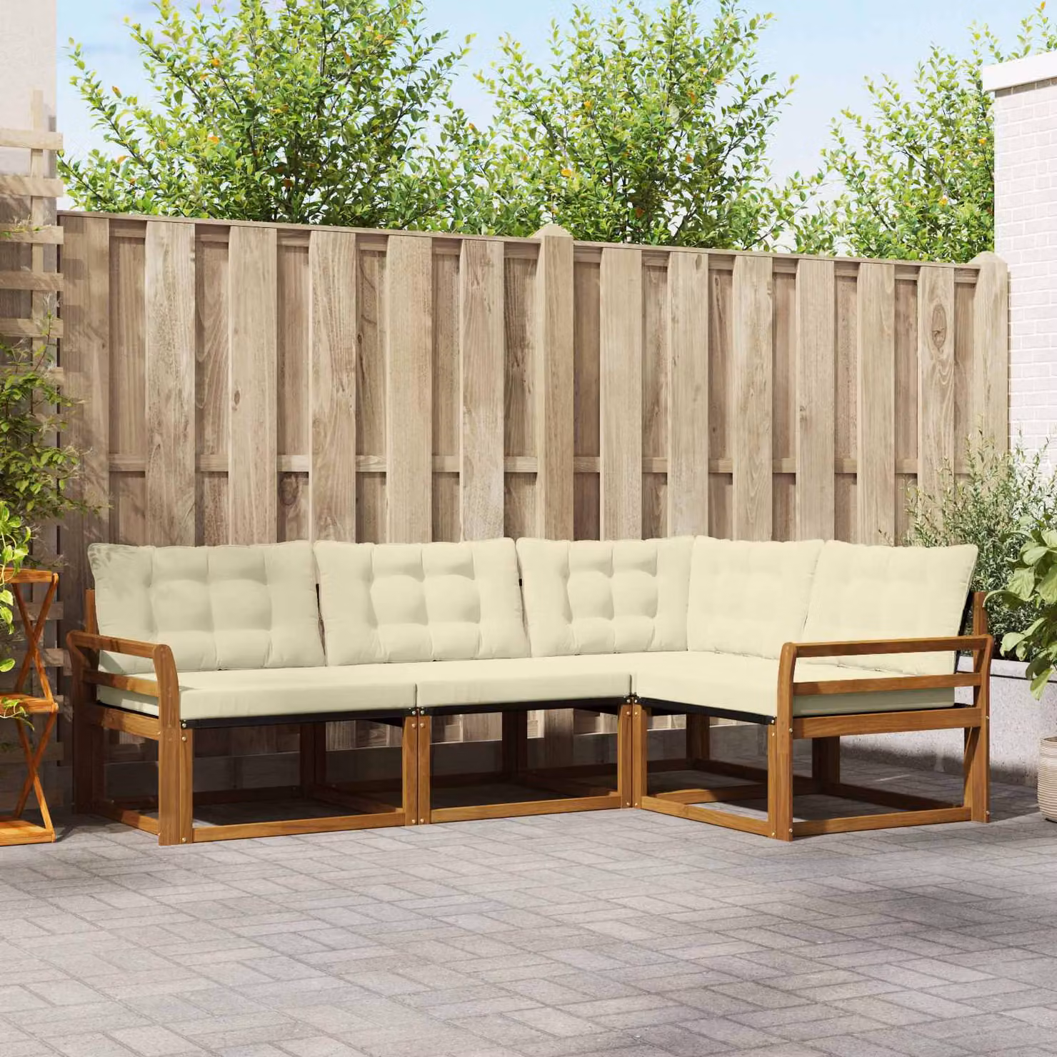 Set di divani da esterno vidaXL a forma di L composto da 4 pezzi in legno di acacia e tessuto textilene, colori beige, bianco e marrone, con cuscini inclusi