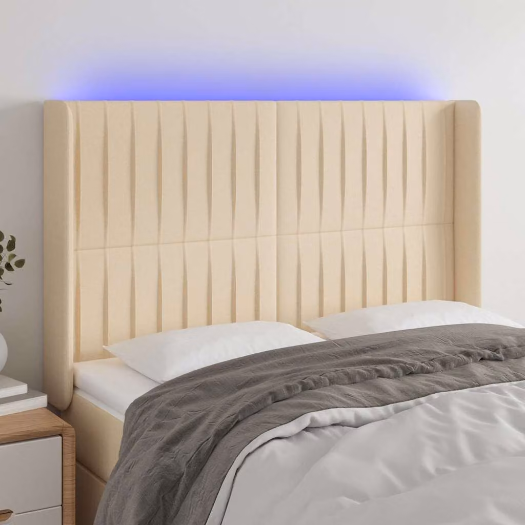 Testiera per letto vidaXL in tessuto beige con illuminazione LED e porta di ricarica USB, L 147 cm x P 16 cm x H 118/128 cm