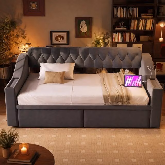 Divano letto imbottito 90x190 cm in velluto con USB; cassetti contenitore e braccioli grigio chiaro