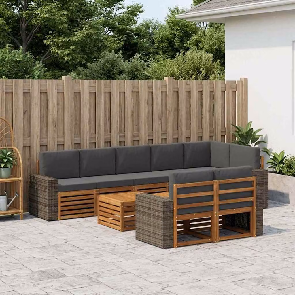 vidaXL Set di divani da esterno a L composto da 9 pezzi in legno di acacia con cuscini, colore Antracite e Marrone