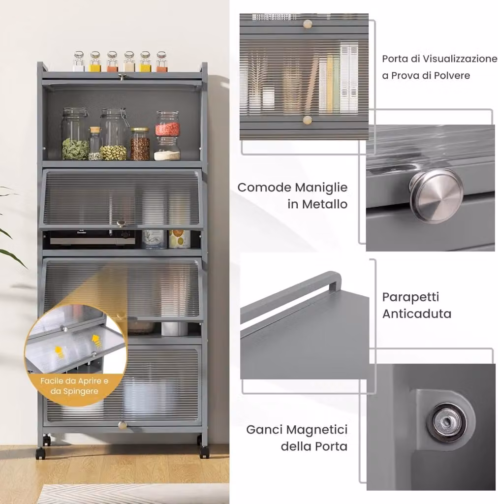 Armadio da Cucina Costway Grigio con 5 Piani, Mobile per Microonde con Ante a Roll Top e 4 Ruote Girevoli, L/P/H: 60 x 32 x 154 cm – 2