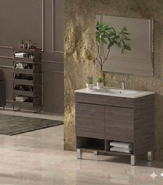 Mobile Bagno NEBARI com gambe Già Montato 2 portas, lavabo e specchio Rovere affumicato 70x45 cm