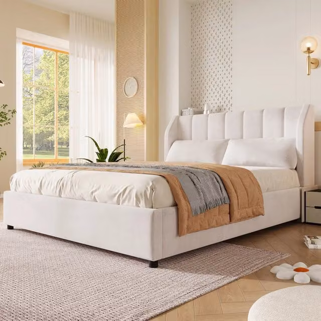 letto a piattaforma flanella beige 140 x 200 cm