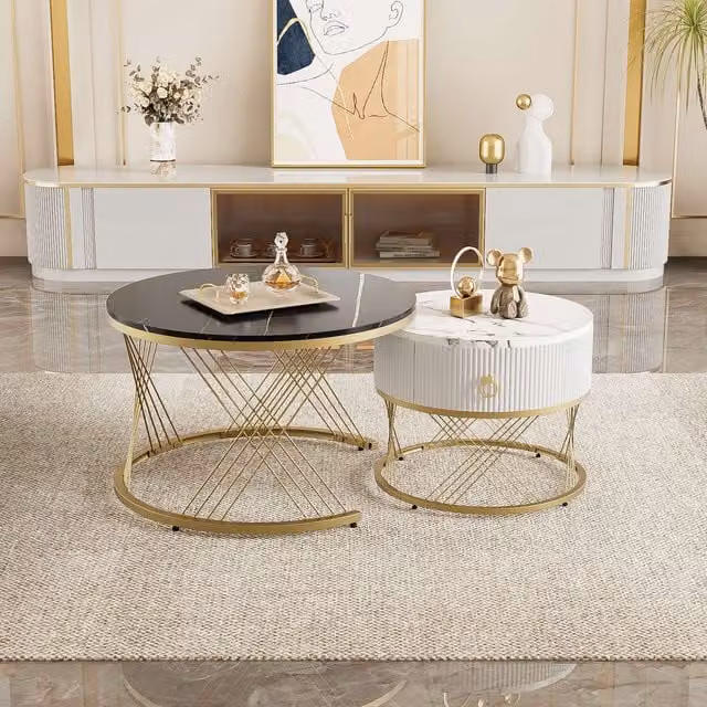Set di Tavolini Rotondi Modulari Aosom Italy in Marmo Sintetico con Dettagli Dorati e Cassetto, Nero e Bianco – 1