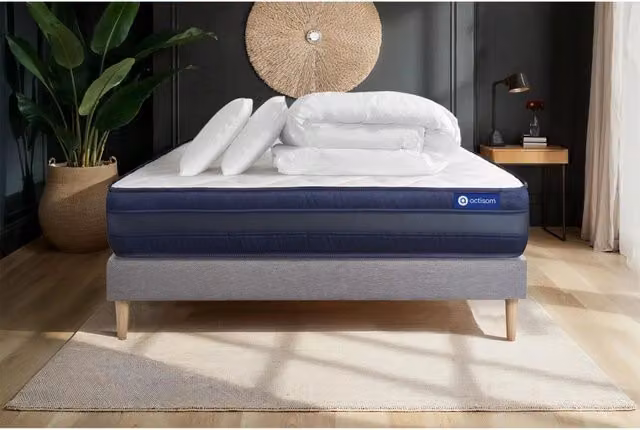 Pacchetto letto completo - Materasso 160x200cm + Box spring con doghe (kit) + 2 cuscini + Piumino - Actimemo Tech