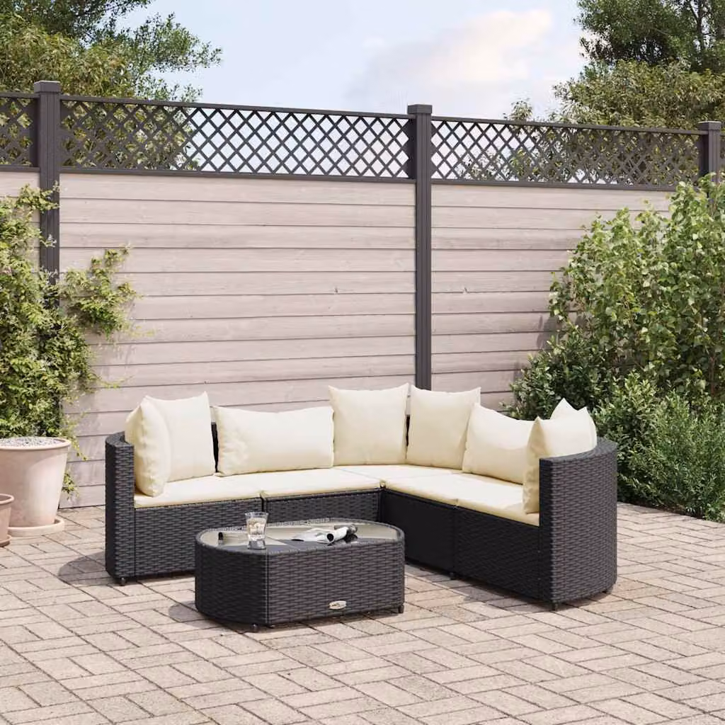 Set Divano da Giardino vidaXL 6 pz in Polyrattan con Cuscini e Tavolino, Design Moderno a L, Nero e Bianco