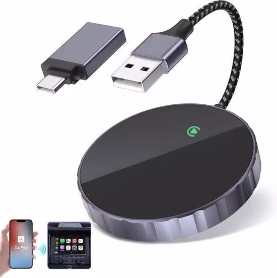 Dongle CarPlay Senza Fili con Connessione USB Type-C e Wi-Fi/Bluetooth, Colore Nero, Compatibile con iOS 10+
