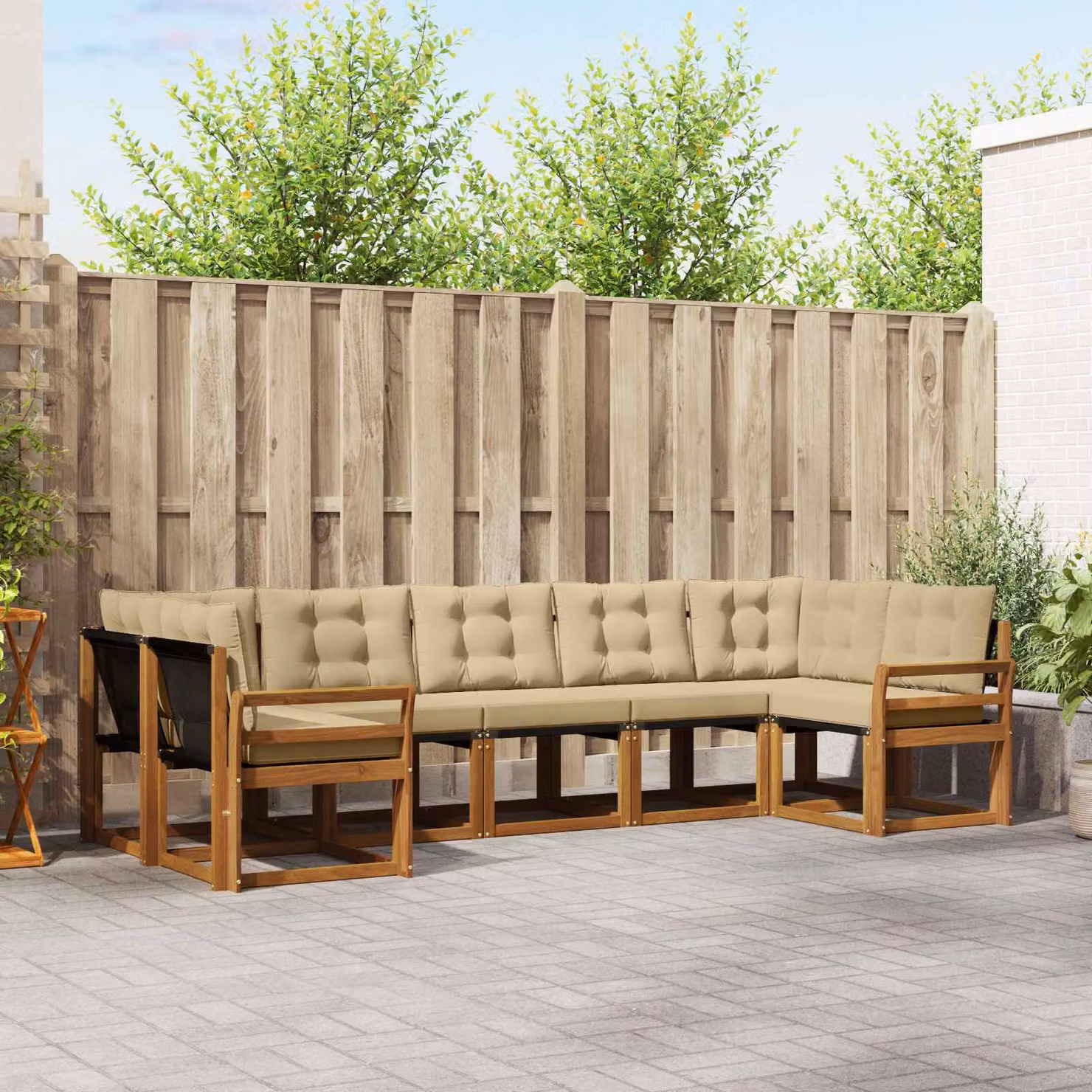Set di divani da esterno vidaXL 7 pz in legno di acacia e textilene, colore beige e marrone, design moderno a forma di L con cuscini inclusi