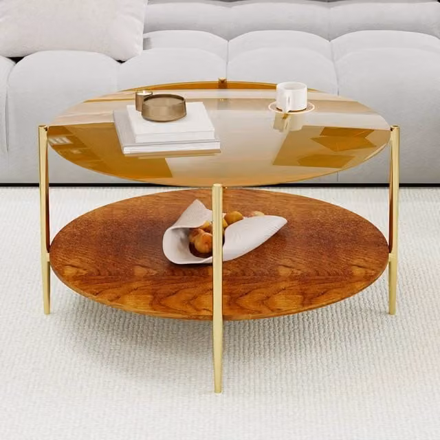 Tavolino da soggiorno moderno e minimalista, piano rotondo in vetro dorato con ripiano inferiore in legno, bello e pratico