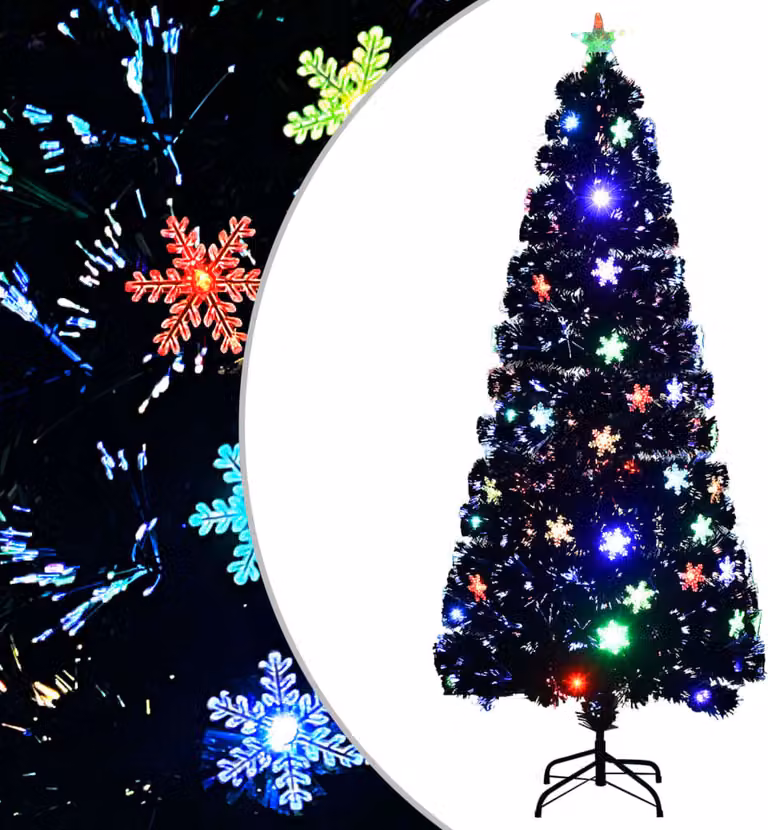 The Living Store Albero di Natale con fiocchi di neve a LED nero 180 cm in fibra ottica