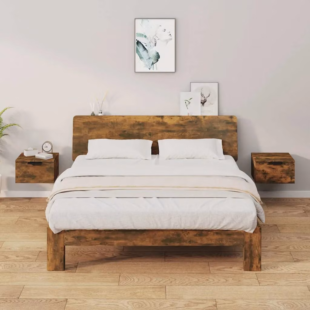 Set di 2 comodini da muro vidaXL in rovere fumo, design moderno per camera da letto, L 34 cm x P 30 cm x H 20 cm