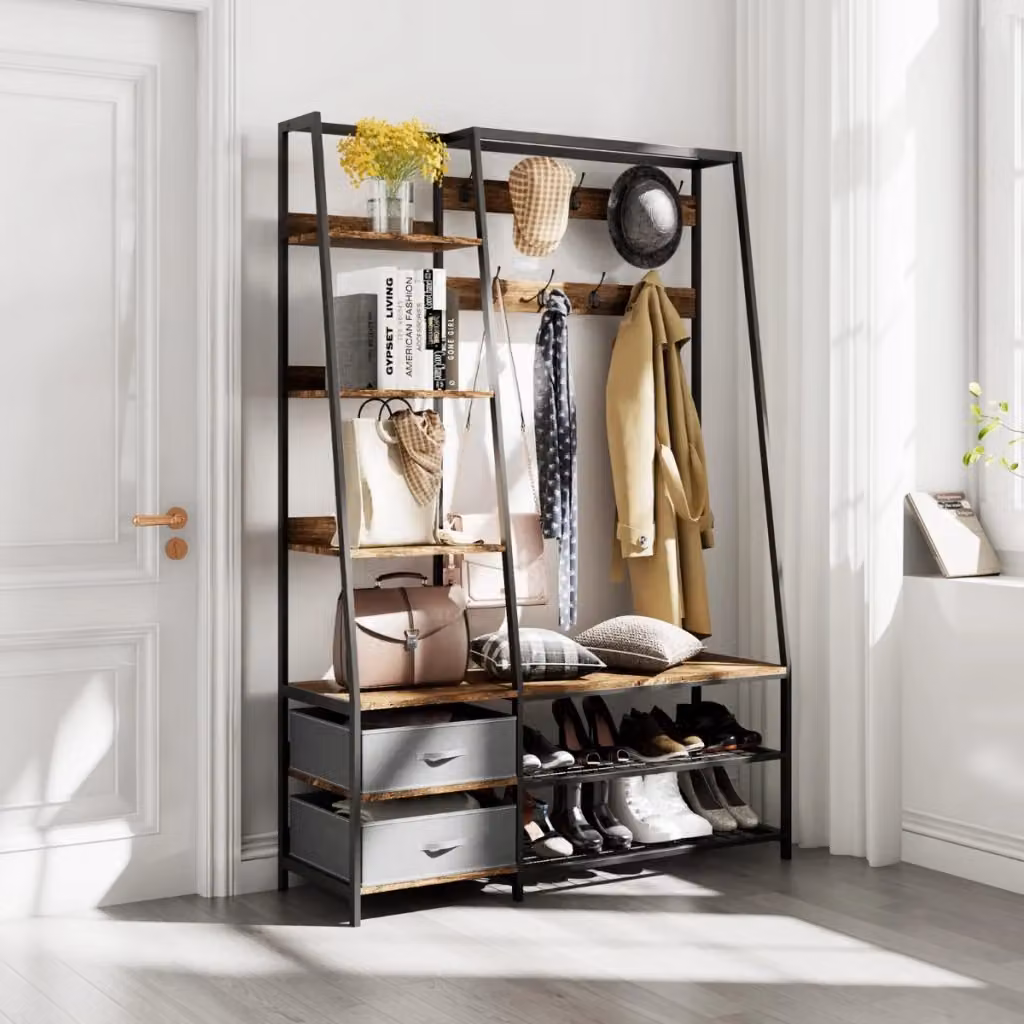 Appendiabiti con panca e scarpiera Design Mania, organizer per ingresso e camera da letto in stile rustico, Marrone, H: 180 cm, L: 122 cm, P: 40 cm – 2