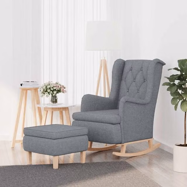 Divano Sedia-Poltrona con Gambe a Dondolo e Sgabello Grigio Chiaro Tessuto