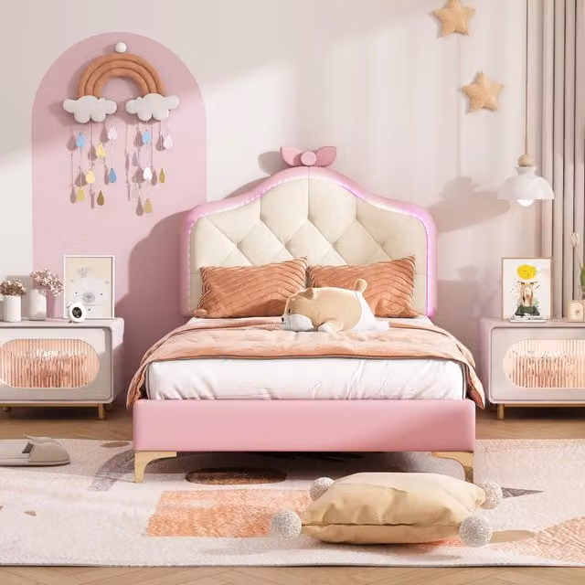 Letto singolo imbottito 90 × 200 cm con testiera LED in PU rosa e bianco con rete a doghe e fiocco decorativo