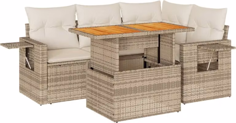 Set Divano da Giardino 5 pz con Cuscini Beige in Polyrattan