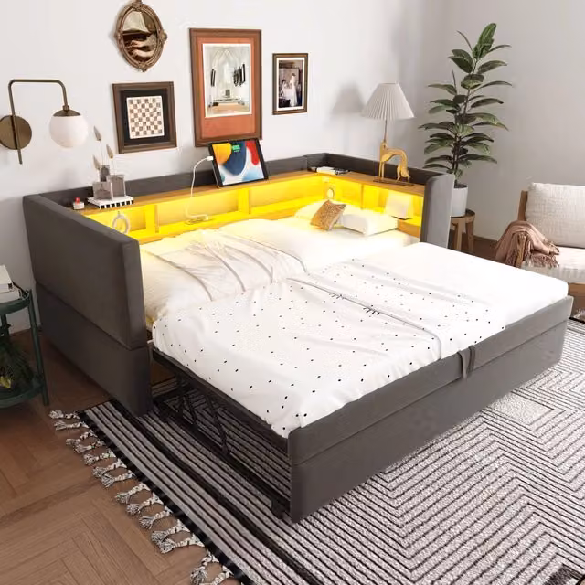 Divano letto singolo estraibile OKWISH con illuminazione LED e prese USB, grigio, L/P/H: 90 x 190 cm