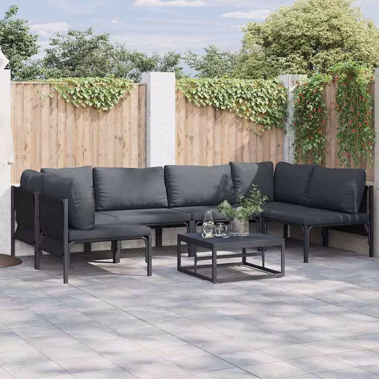 Set Divano da Giardino a L vidaXL 7 pz in Acciaio Antracite e Nero con Cuscini