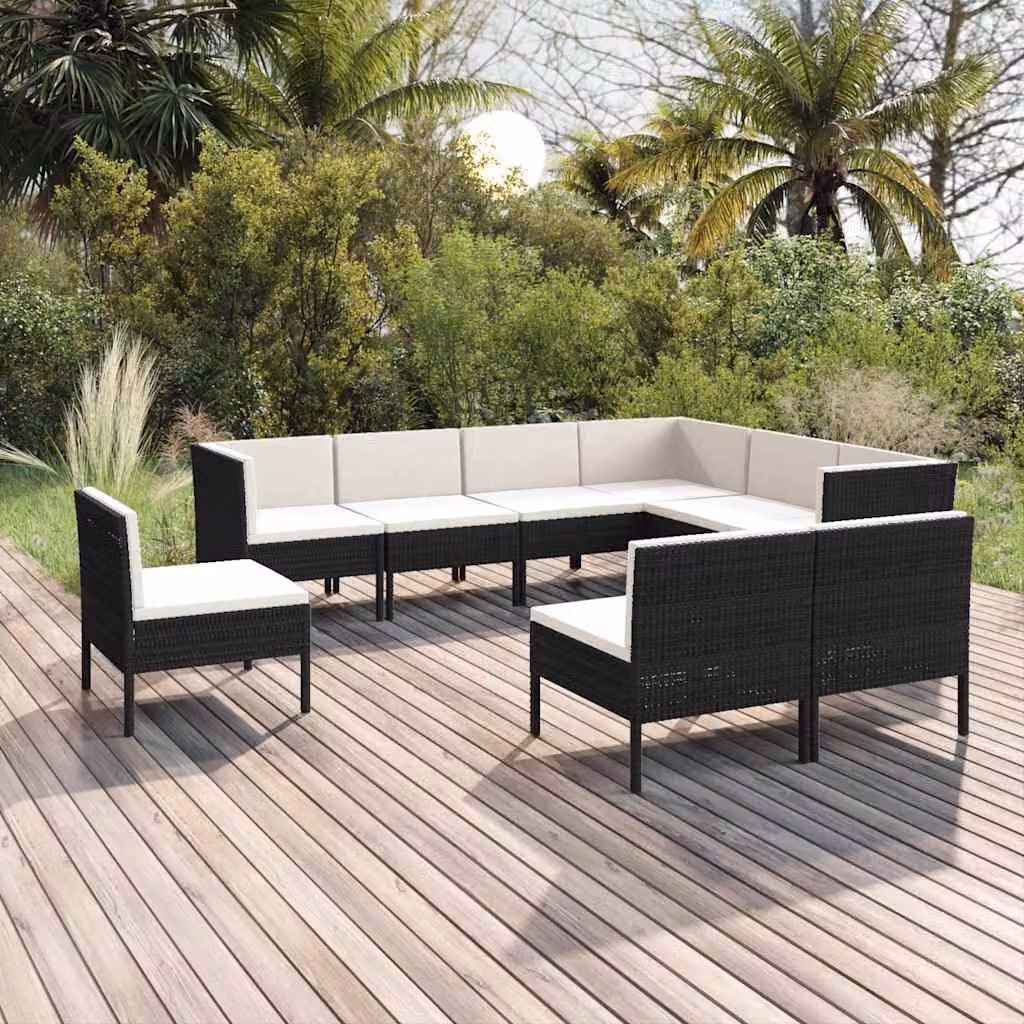 Set di divani da giardino vidaXL a forma di U composto da 9 pezzi con cuscini, struttura in metallo e rattan nero e bianco