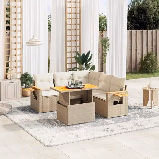 Set Divano da Giardino a L VIDAXL in Polyrattan Beige con 6 Cuscini Moderno