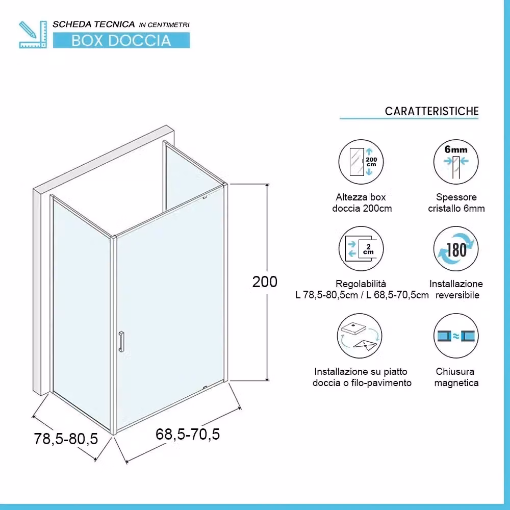 Box doccia a nicchia rettangolare Ted con porta a battente in vetro trasparente L: 80 cm, P: 70 cm, H: 200 cm – 2