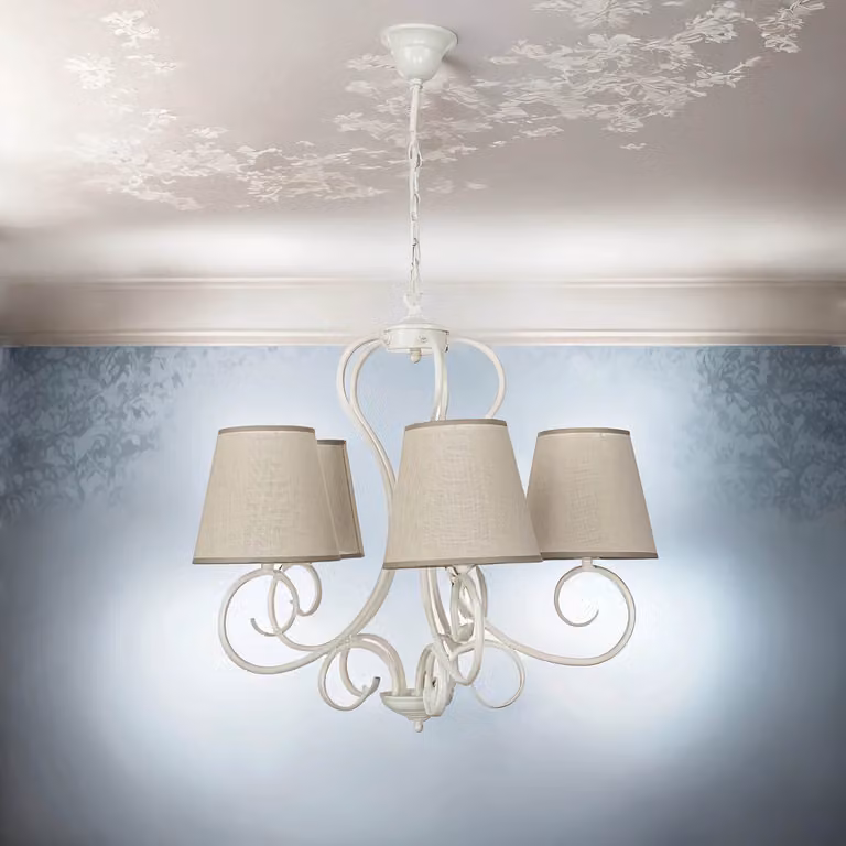 Lampadario con paralume beige bianco a 5 bracci Ø55cm stile country E27 luce a sospensione sala da pranzo soggiorno