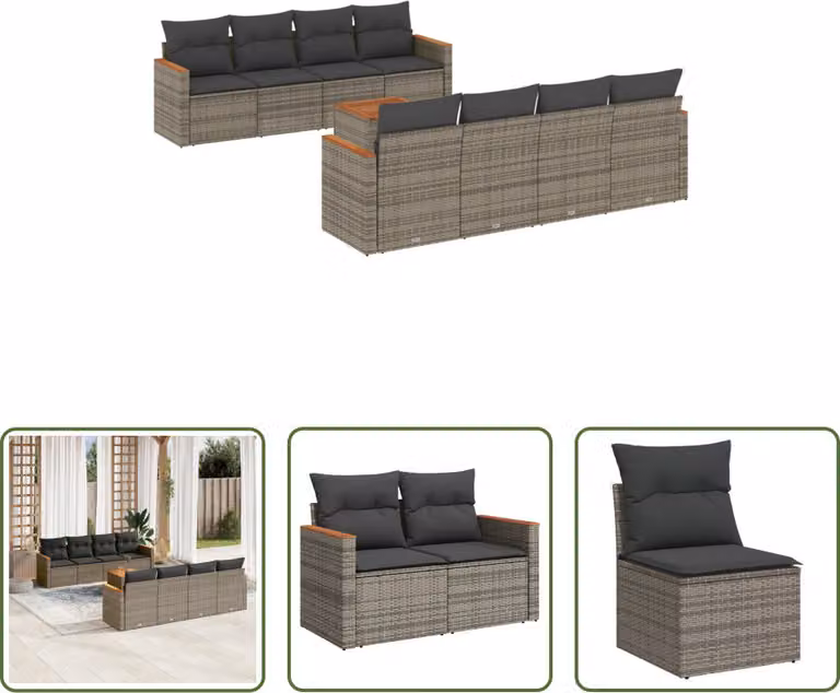 The Living Store Set di divani da giardino 9 pezzi con cuscini in poly rattan grigio