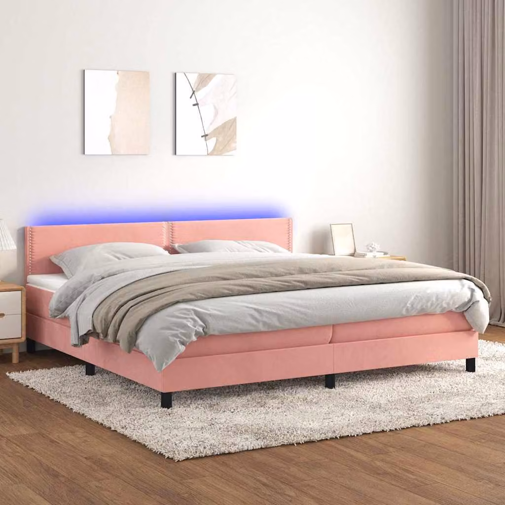 Letto a molle con materasso e illuminazione LED vidaXL in velluto rosa, L/P: 200 x 200 cm