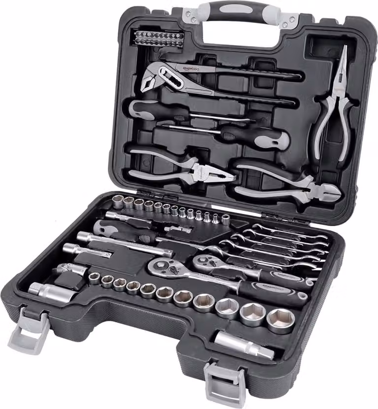 Set di utensili Amazon Basics per la casa, 65 pezzi, nero e grigio