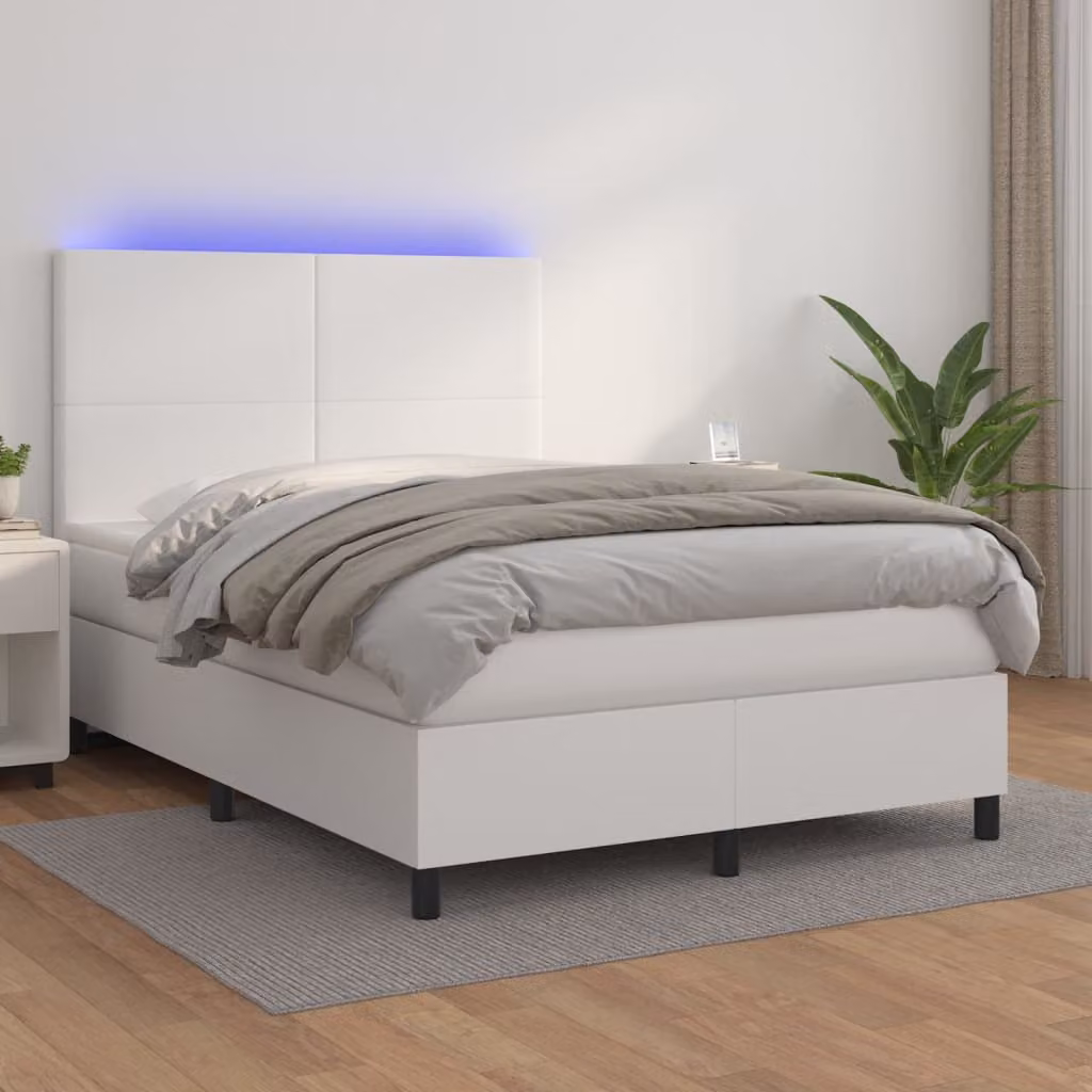 vidaXL Giroletto con Molle e Materasso in Similpelle Bianco con LED e Porte USB L/P/H: 140 x 190 x 128 cm – 1