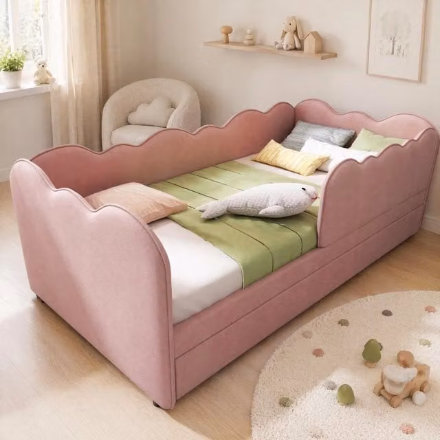 Letto Divano 90x190 cm in Velluto Rosa con Letto Estraibile e Rete a Doghe per Bambini, Senza Materasso