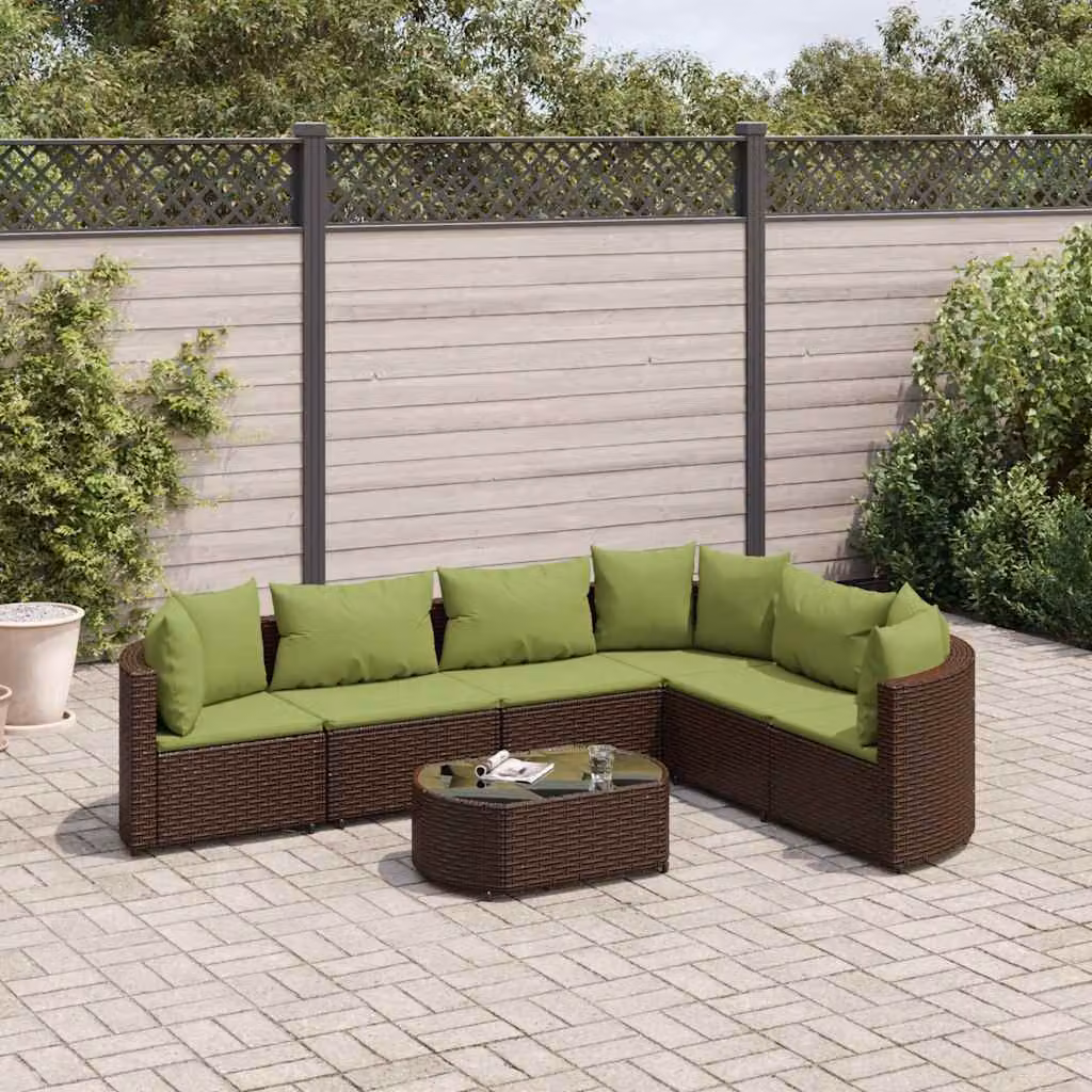 Set Divani da Giardino vidaXL 7 Pezzi con Tavolino in Polyrattan Marrone e Verde con Cuscini Imbottiti e Struttura in Metallo