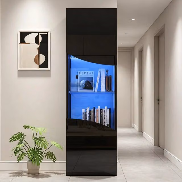 Vetrina MODFU nera lucida con ante in vetro temperato e illuminazione LED, L/P/H: 35 x 1 x 165 cm