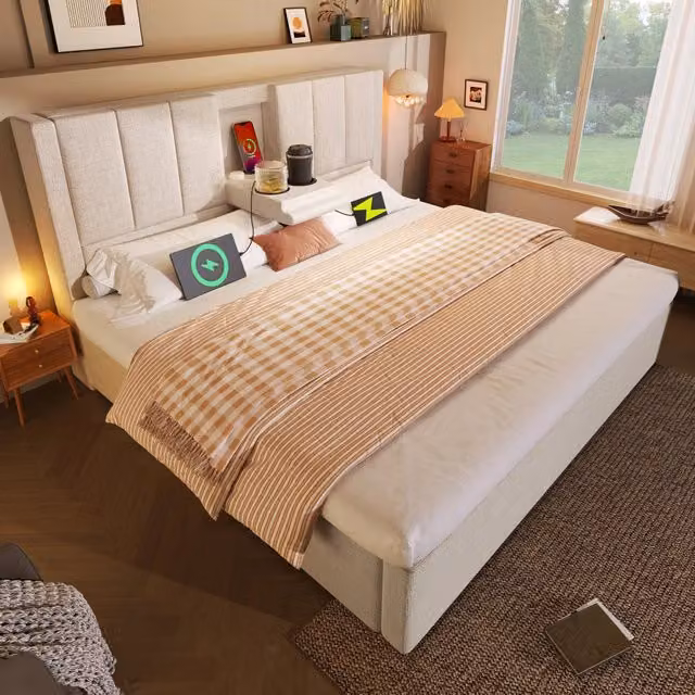Letto contenitore imbottito in lino 160 x 200 cm, con contenitore idraulico, portabicchiere nascosto, stazione di ricarica e rete a doghe, beige