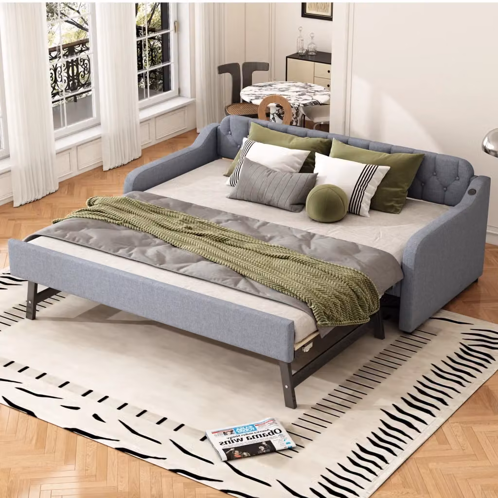 Letto divano singolo OKWISH in lino e MDF grigio con porta USB e cassetti, stile scandinavo, L/P/H: 200 x 90 x 79 cm – 2