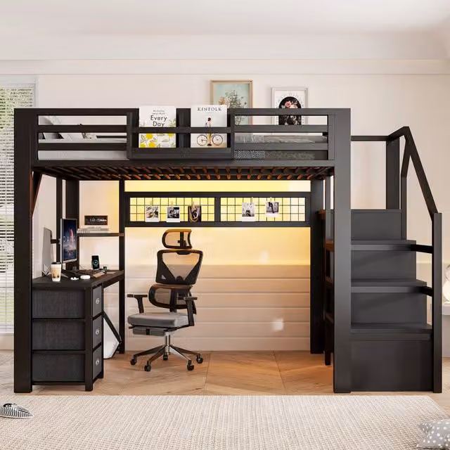 Letto a soppalco matrimoniale 140x200 con scrivania; scala e contenitori in metallo nero