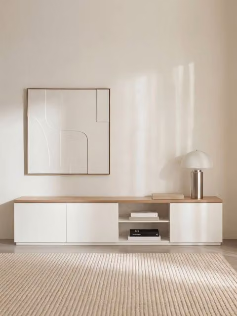 Mobile TV Havel 200 Kenay Home bianco moderno in legno e MDF con passacavi