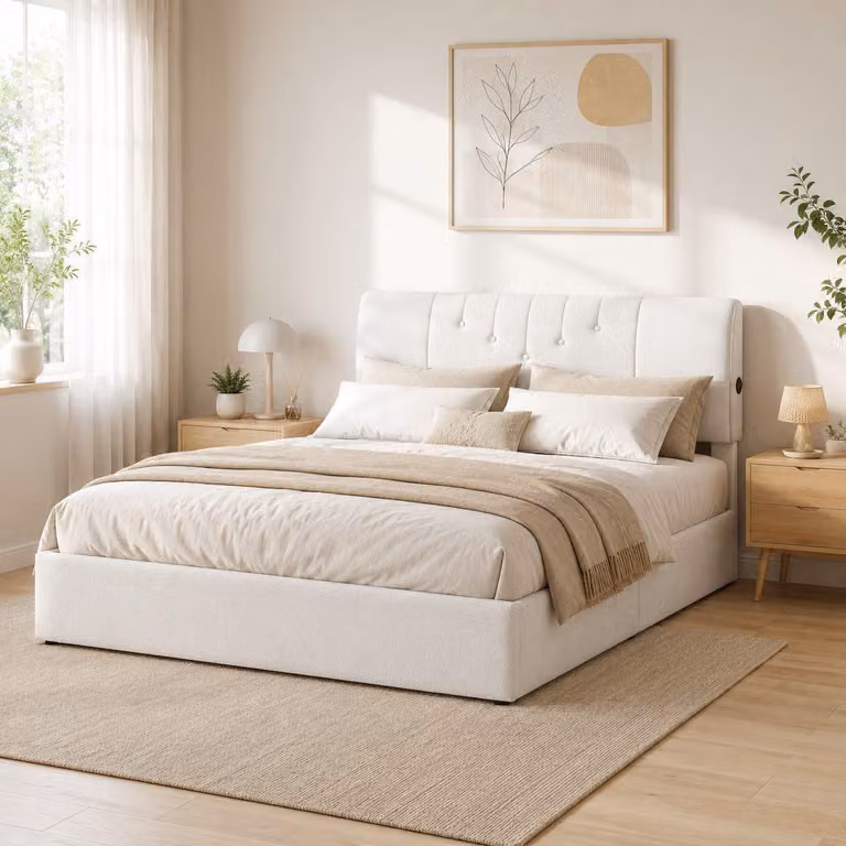 Letto imbottito INONEFT 140x200 cm con caricabatterie USB, letto a molle con contenitore, letto matrimoniale con spazio contenitore, struttura del letto con rete a doghe, color beige, rivestito in pile effetto teddy