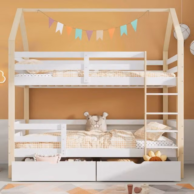 Letto per bambini; 90x200cm; stile casa; con cassetti grandi; tonalità bianca e legno