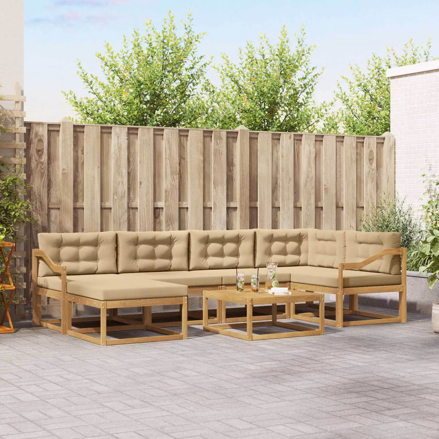 Set di divani da esterno vidaXL a forma di U in legno di acacia con cuscini, bianco e beige