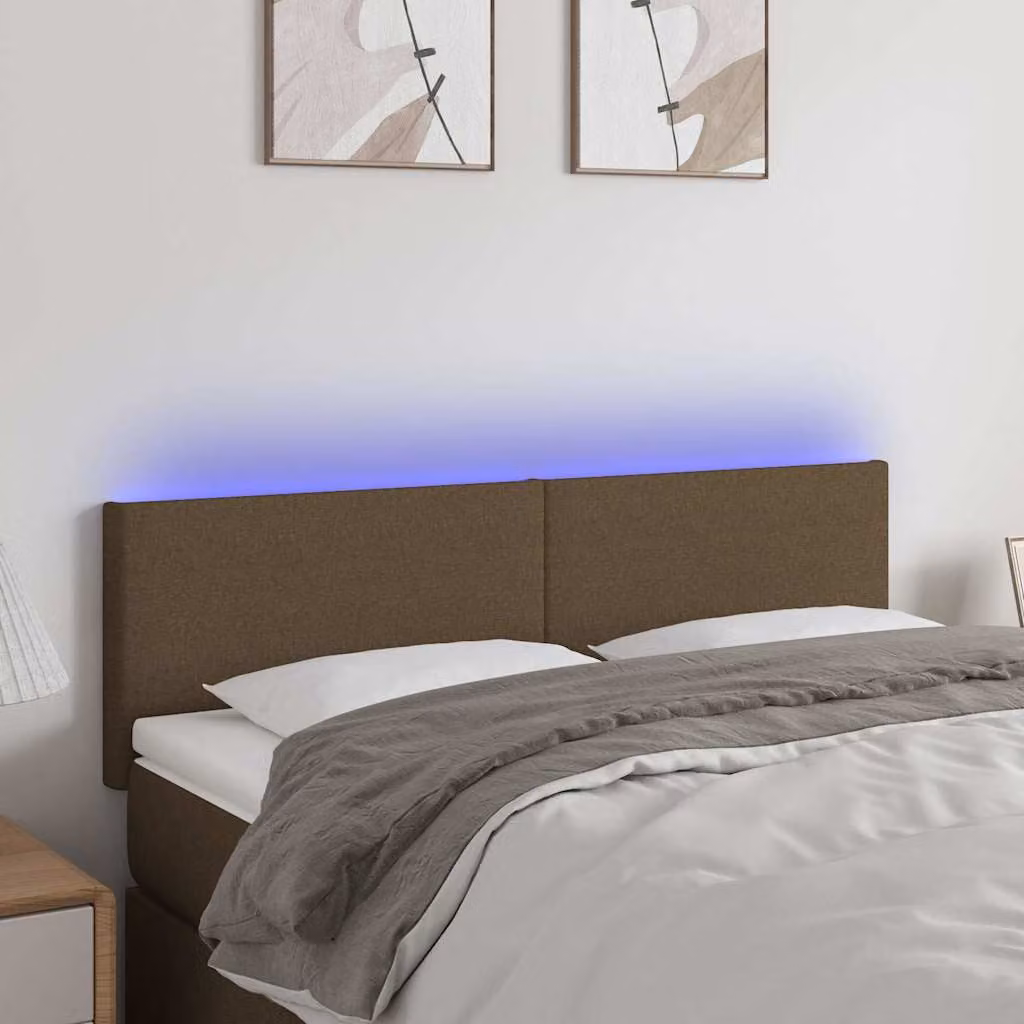 Testiera per letto vidaXL in tessuto marrone scuro con illuminazione LED e porta USB, L 144 x P 5 x H 78/88 cm