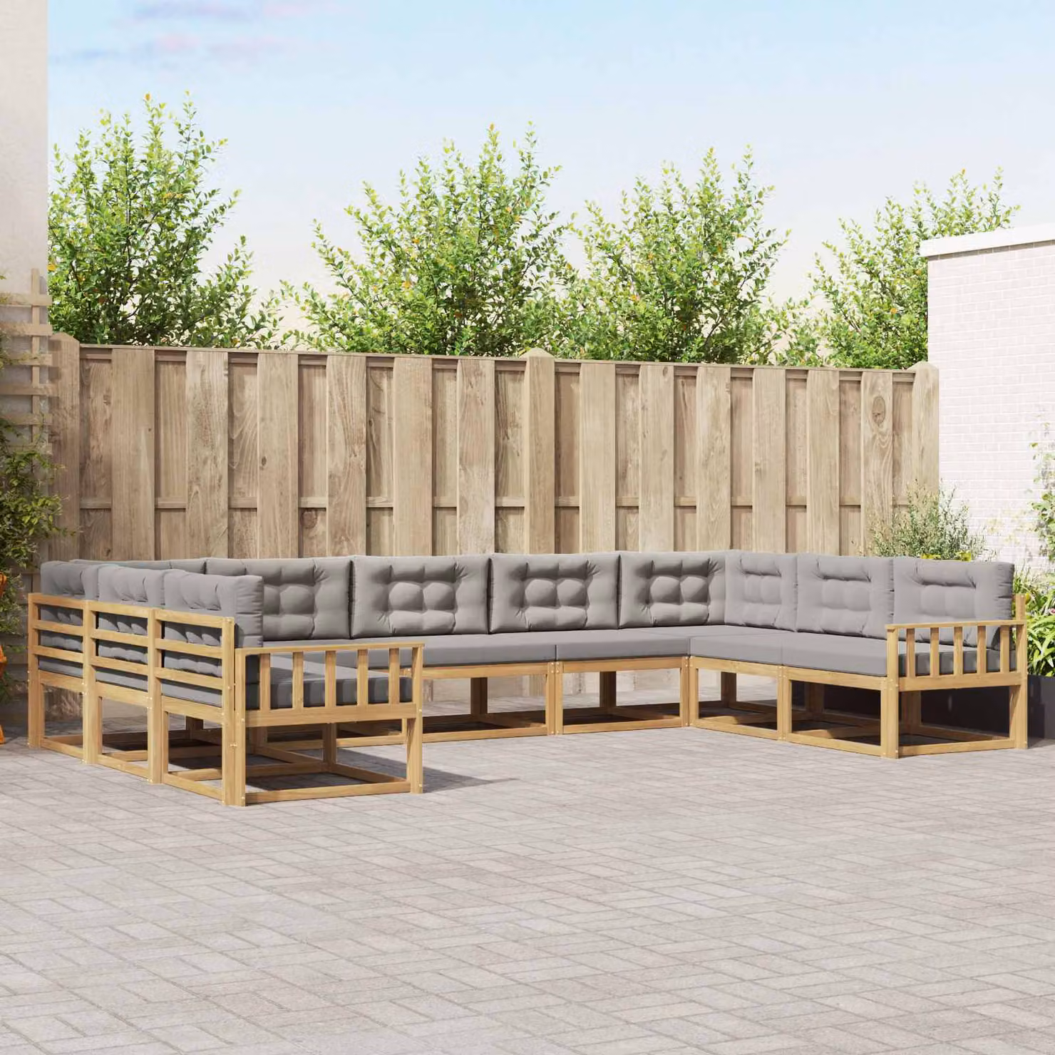 vidaXL Set di divani da esterno a L in legno di acacia con cuscini, 9 pezzi, Bianco e Grigio