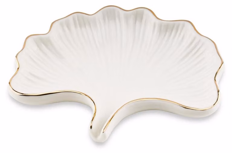 Portasapone in Vetroceramica con scarico, motivo foglia di Ginkgo, colore bianco