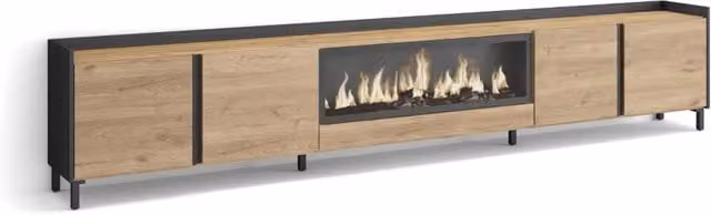 Mobile TV Soggiorno, 315x61x35 cm, Per TV fino a 80", Camino elettrico XXL, Design industriale, Rovere e nero