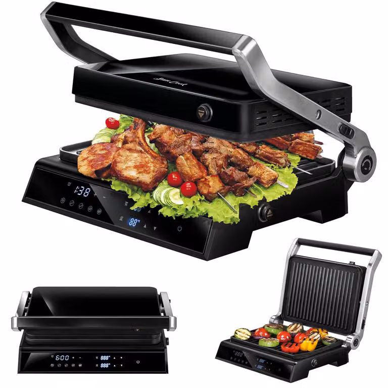 Grill elettrico - Tostapane - Panini - Grill - Grill a contatto Grill da tavolo - Involucro in vetro nero - MPM - PSC-140/B