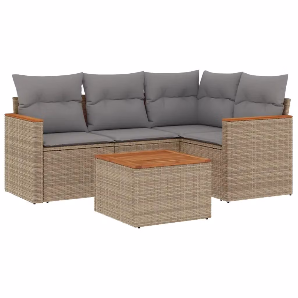 Set Divano da Giardino Moderno VIDAXL in Polyrattan con Cuscini Beige, 5 Pezzi, Forma a L – 2