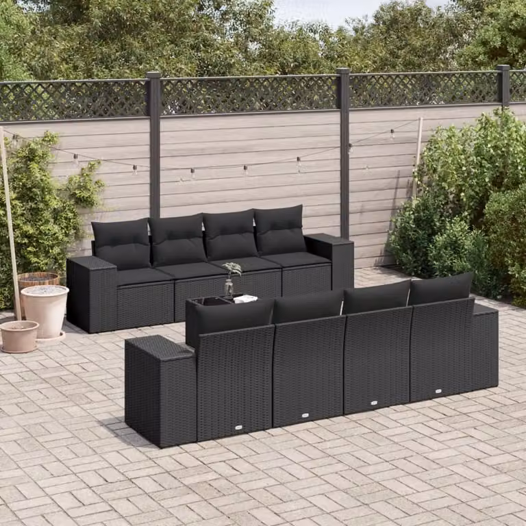 vidaXL Set Divani da Giardino 9 pz in Polyrattan Nero con Cuscini e Tavolino da Esterno