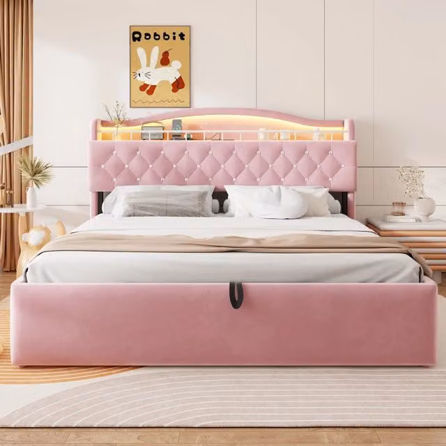 Letto Matrimoniale 180x200 cm con Contenitore Idraulico; Rivestimento in Velluto Rosa e Testiera LED con USB